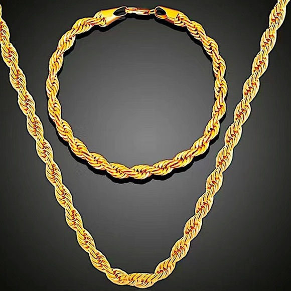18K Gold Plated Rope Chain Link Necklace Matching Bracelet Set - Picture 1 of 5